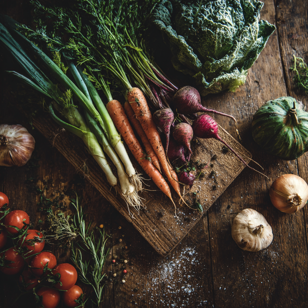 Stôl plný čerstvých zelenín, ovocia a celozrnných potravín